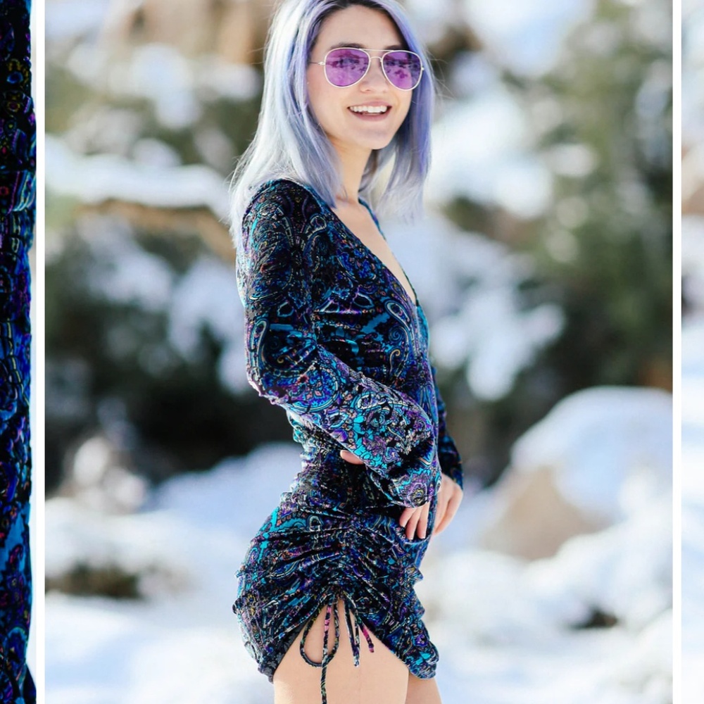 Plunge V-Neck Mini Dress in Teal & Purple Paisley